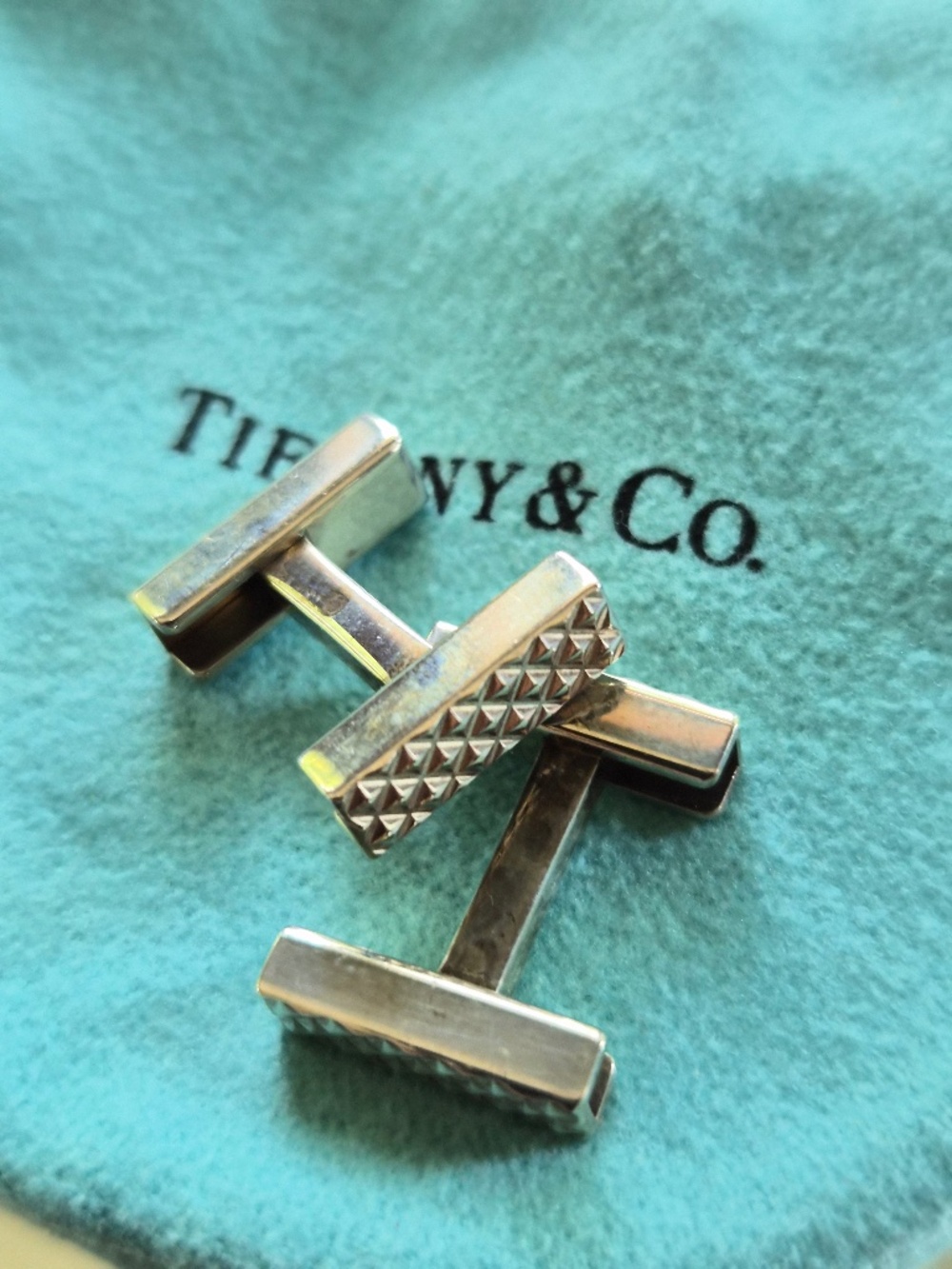 Authentic Tiffany & Co. Sterling Silver Textured Bar Cufflinks - Diamond Design